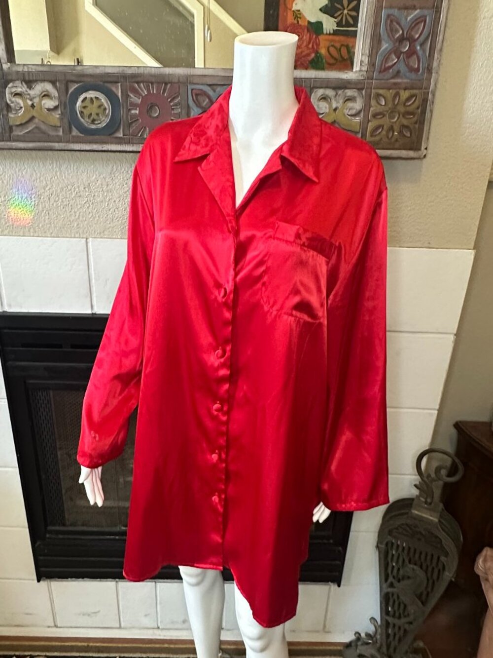 RED Satin Nightgown Button up collared Front pocket armpit to armpit 24" tagless
